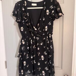 Altar'd State Black Ruffled Floral Mini Dress with Plunge Neckline